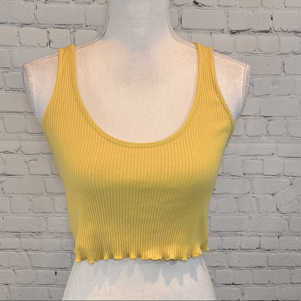 WILD FABLE Yellow Ribbed Cropped Lettuce Hem Tank Top-XS